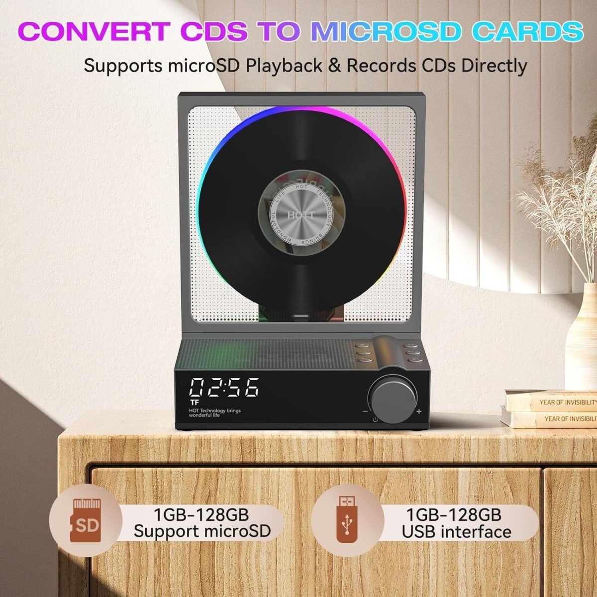 Bluetooth CD Player RGB Lights HiFi Speakers Remote Optical Output - Kwikley