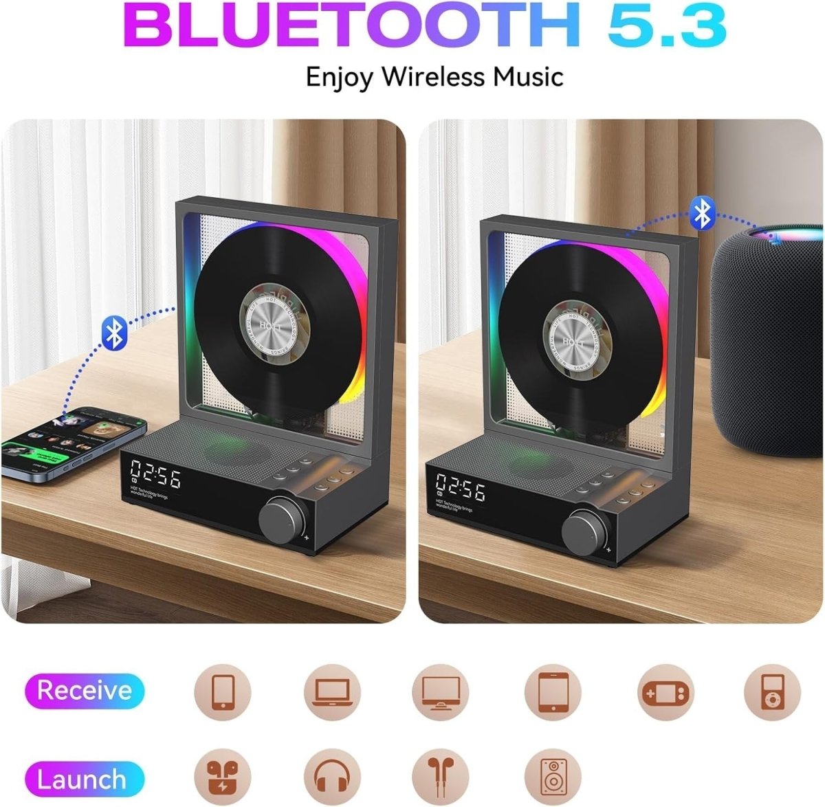 Bluetooth CD Player RGB Lights HiFi Speakers Remote Optical Output - Kwikley