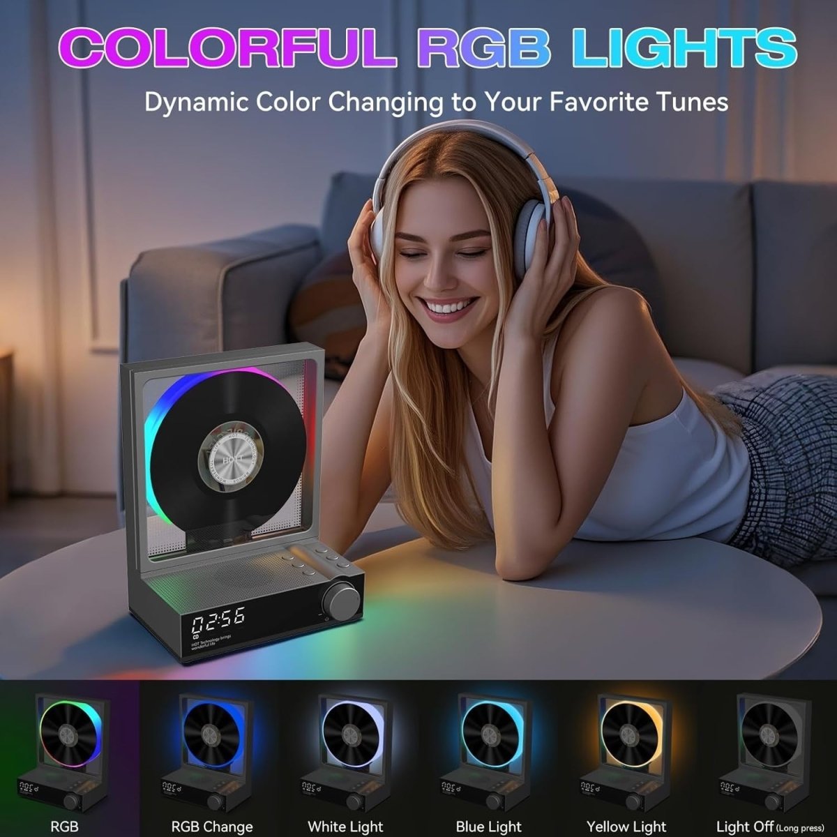 Bluetooth CD Player RGB Lights HiFi Speakers Remote Optical Output - Kwikley