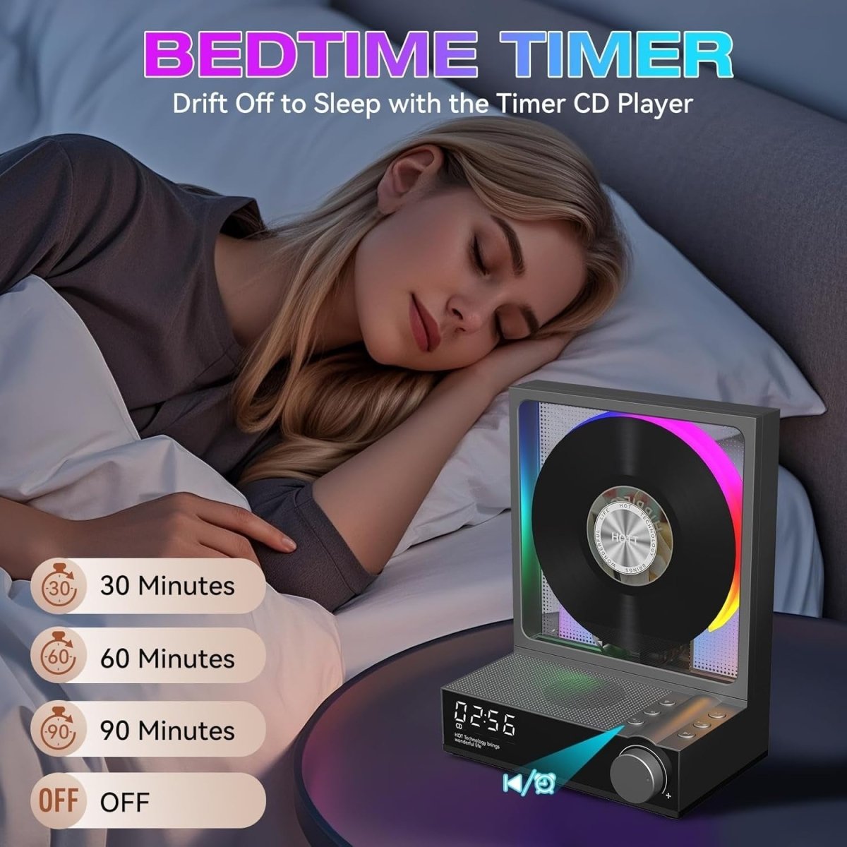 Bluetooth CD Player RGB Lights HiFi Speakers Remote Optical Output - Kwikley