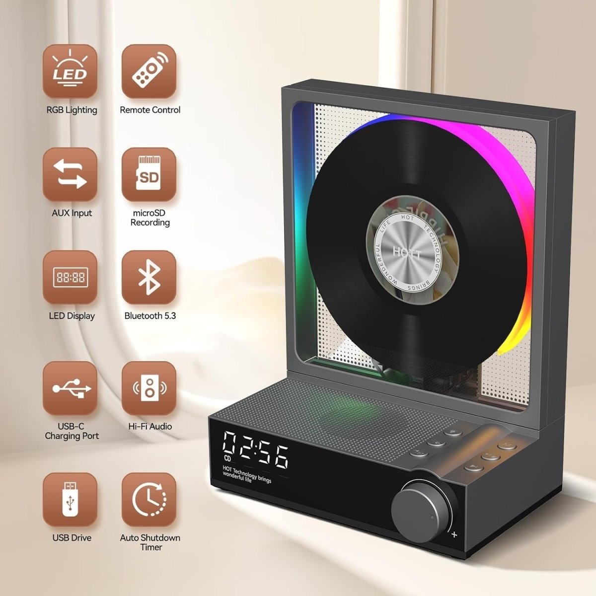 Bluetooth CD Player RGB Lights HiFi Speakers Remote Optical Output - Kwikley
