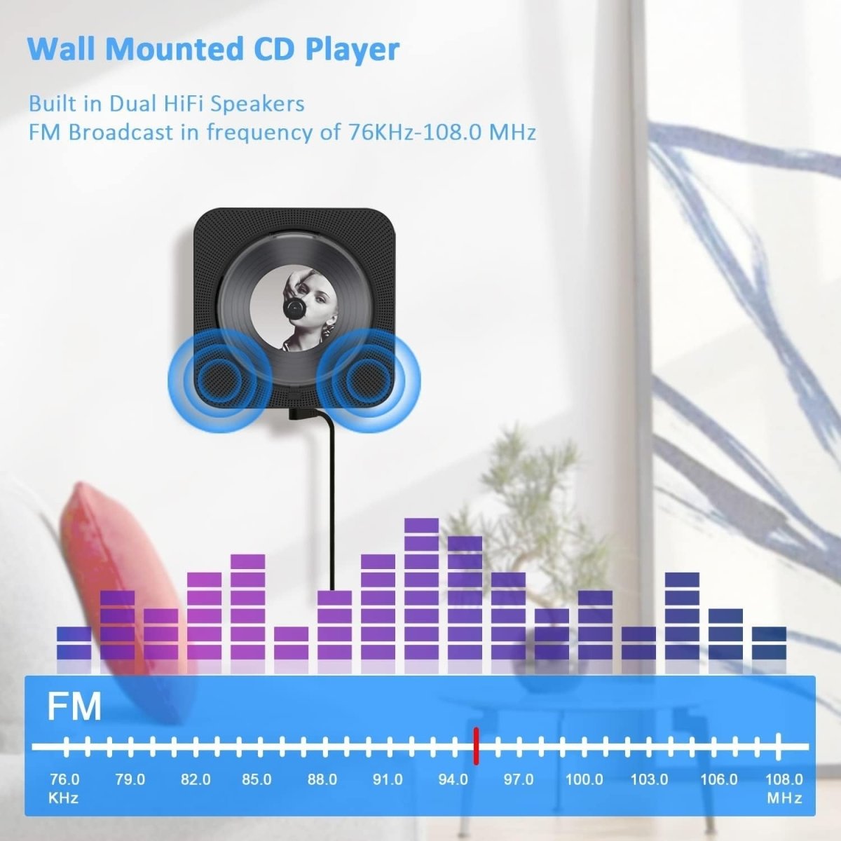 Bluetooth CD Player Wall Mount Desktop FM Radio LED Display Remote - Kwikley