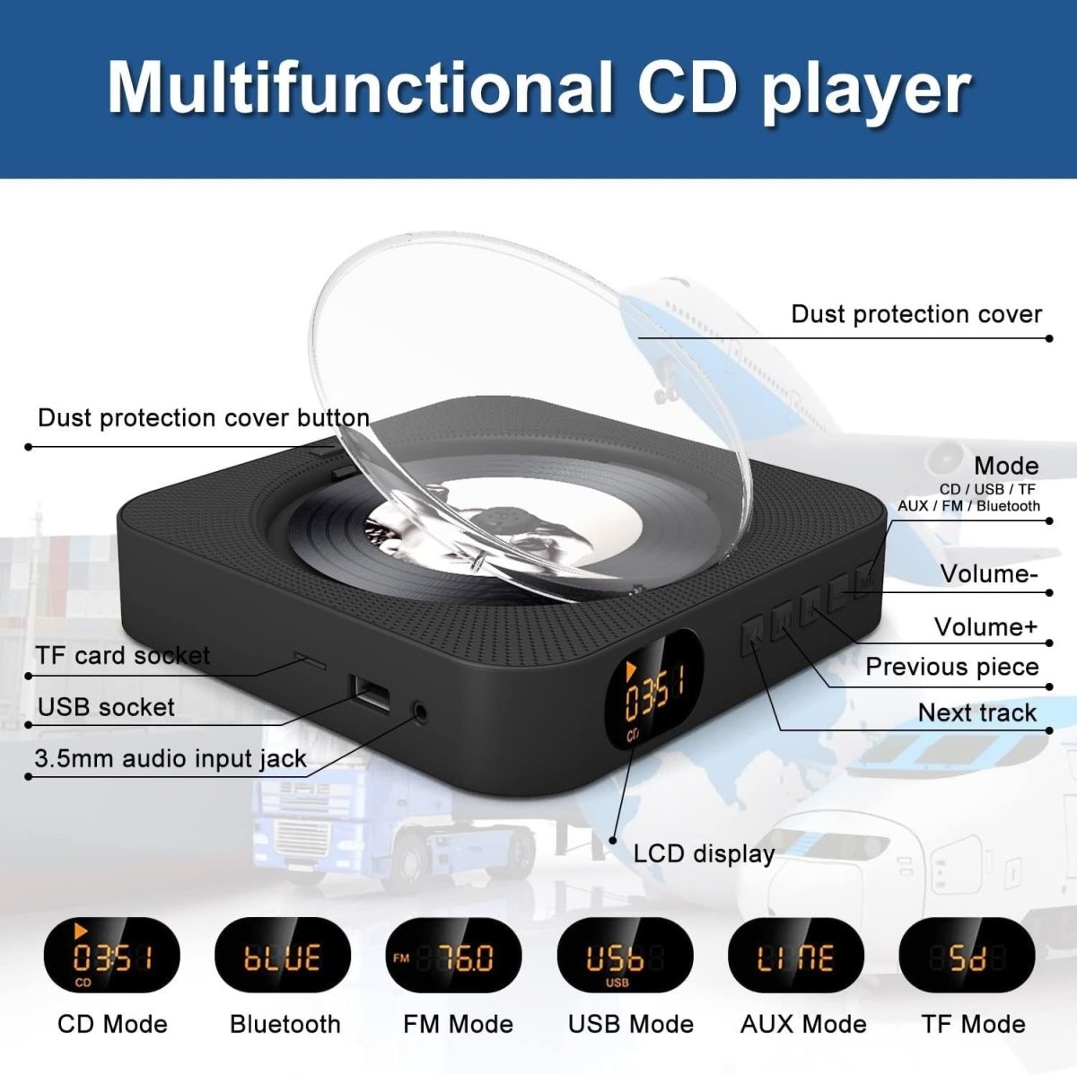 Bluetooth CD Player Wall Mount Desktop FM Radio LED Display Remote - Kwikley