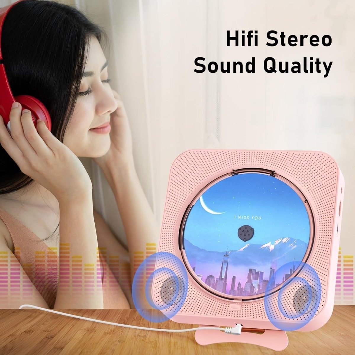 Bluetooth CD Player Wall Mount Desktop FM Radio LED Display Remote Pink - Kwikley
