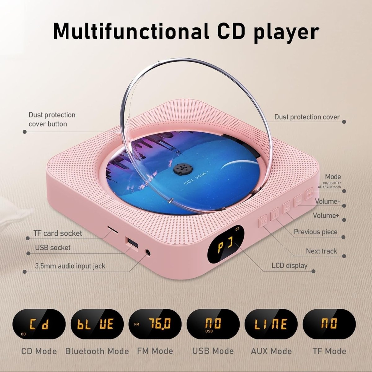 Bluetooth CD Player Wall Mount Desktop FM Radio LED Display Remote Pink - Kwikley
