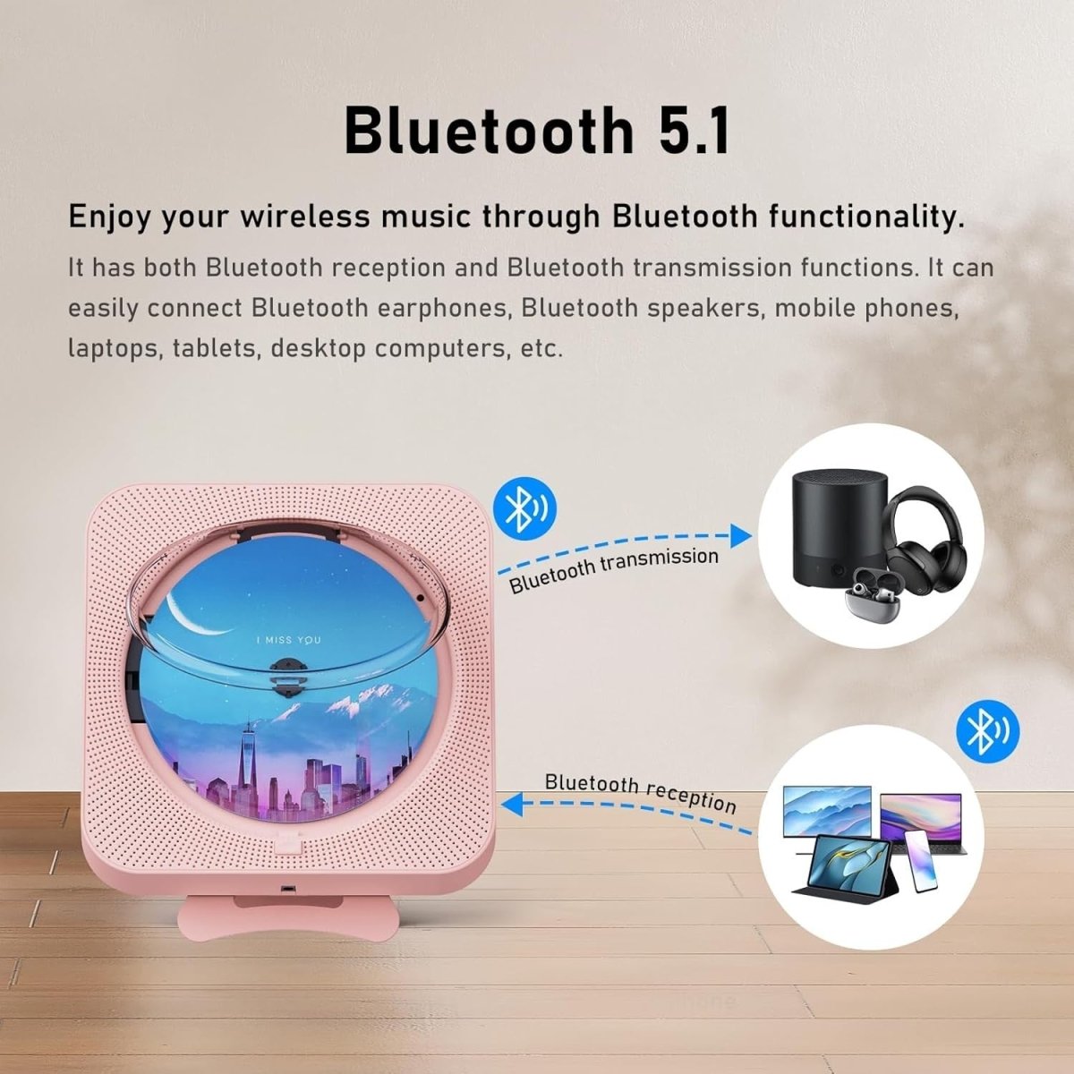 Bluetooth CD Player Wall Mount Desktop FM Radio LED Display Remote Pink - Kwikley