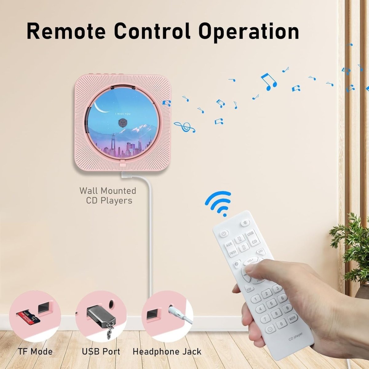 Bluetooth CD Player Wall Mount Desktop FM Radio LED Display Remote Pink - Kwikley