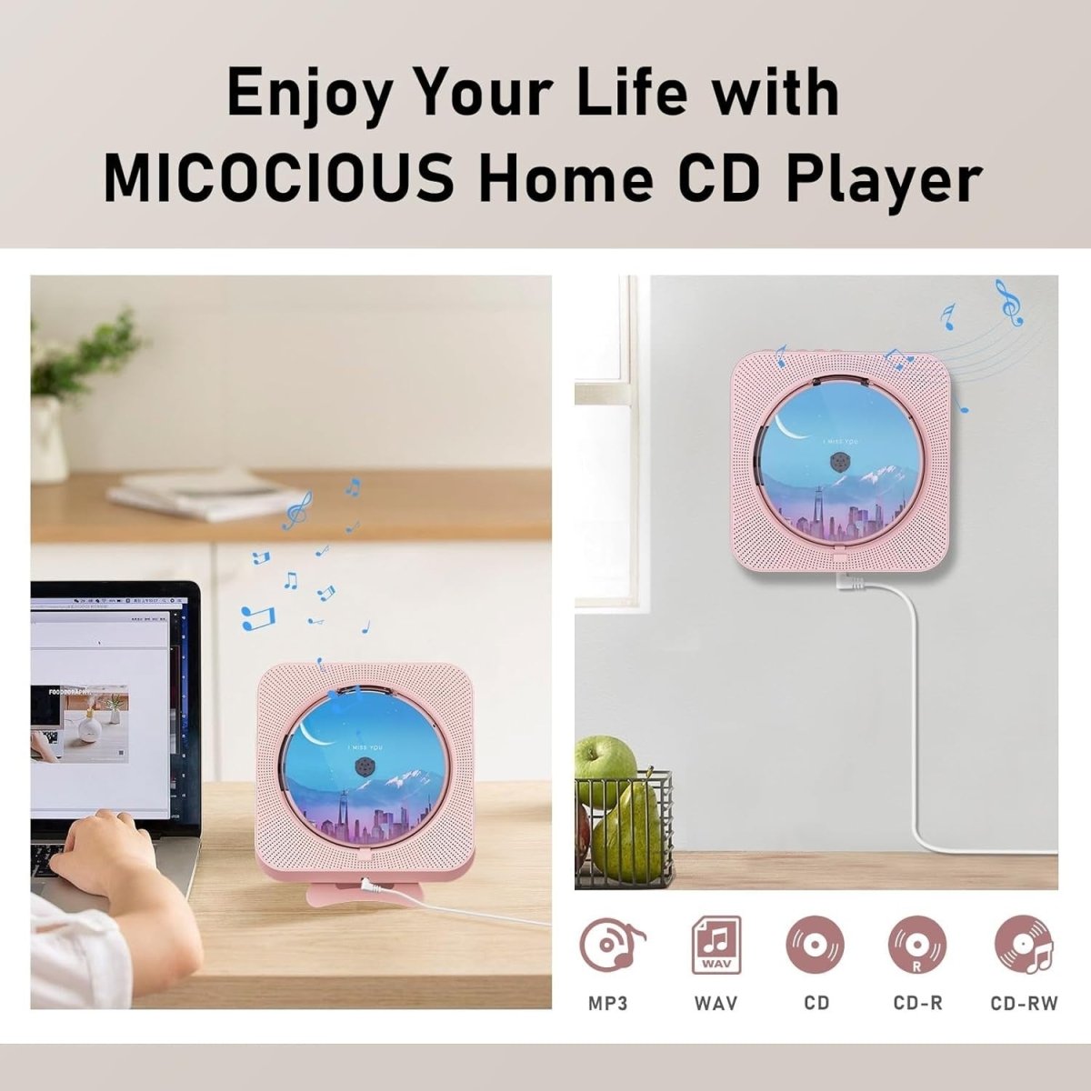 Bluetooth CD Player Wall Mount Desktop FM Radio LED Display Remote Pink - Kwikley
