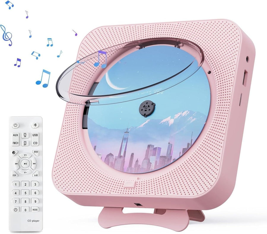 Bluetooth CD Player Wall Mount Desktop FM Radio LED Display Remote Pink - Kwikley