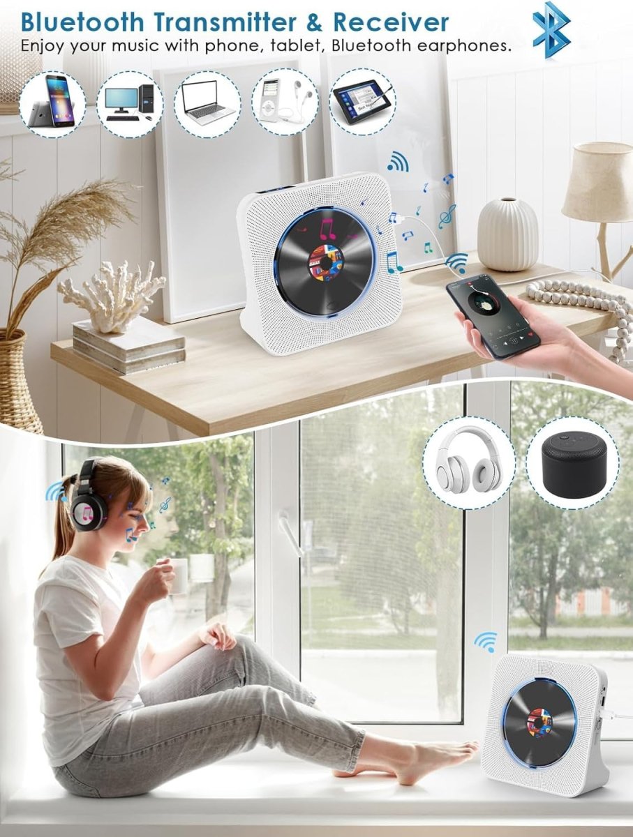 Bluetooth Desktop CD Player HiFi Speakers FM Radio USB LCD Timer - Kwikley