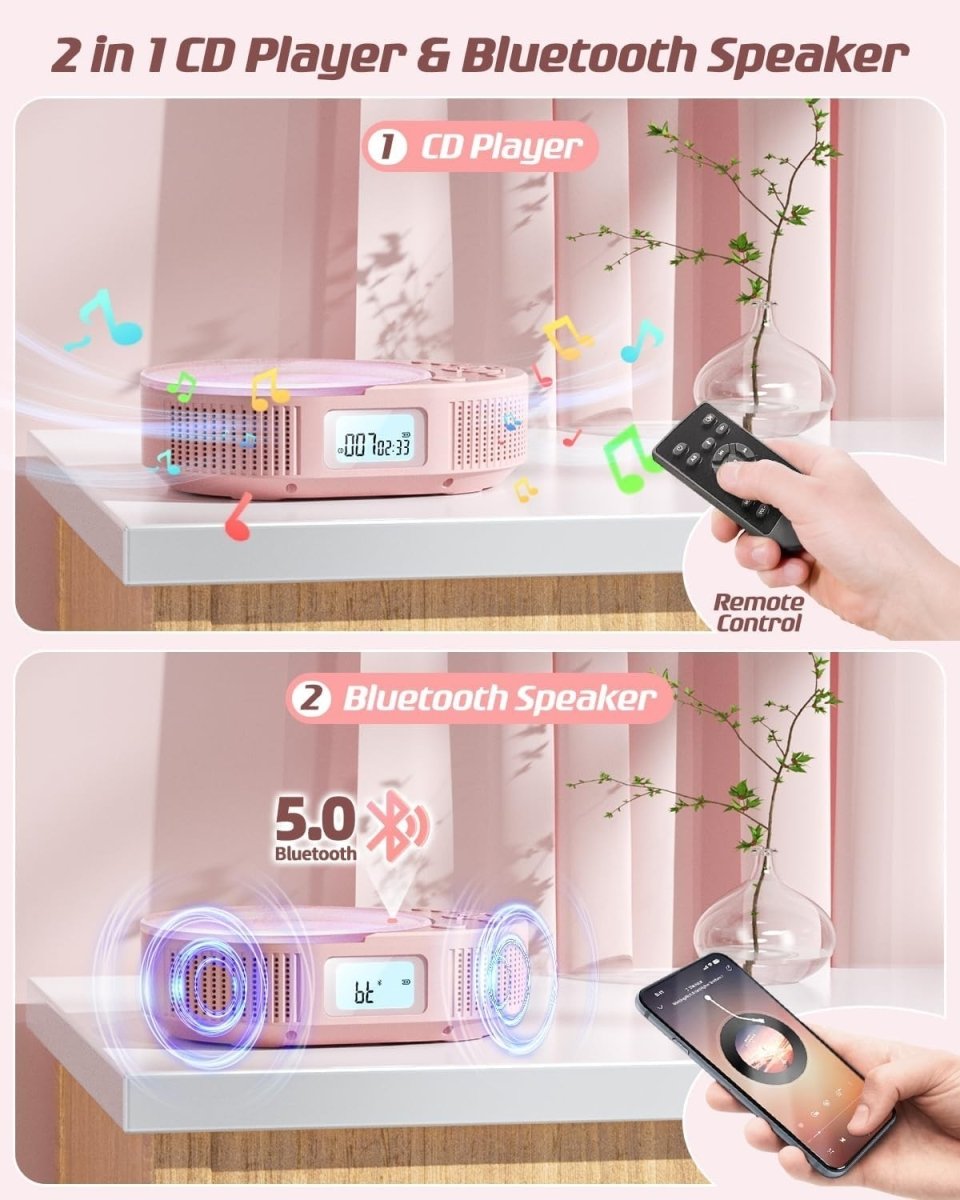 Bluetooth Portable CD Player Boombox FM Radio USB AUX Remote Pink - Kwikley