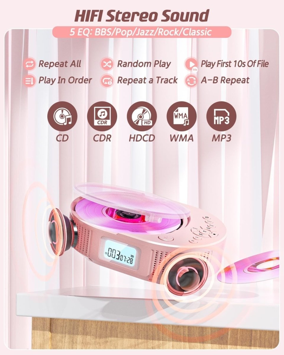 Bluetooth Portable CD Player Boombox FM Radio USB AUX Remote Pink - Kwikley