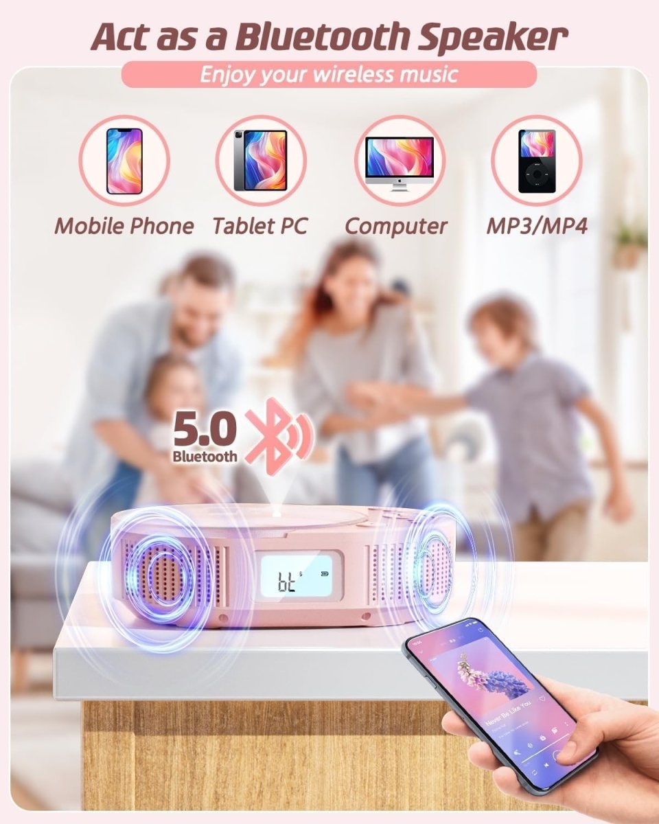 Bluetooth Portable CD Player Boombox FM Radio USB AUX Remote Pink - Kwikley