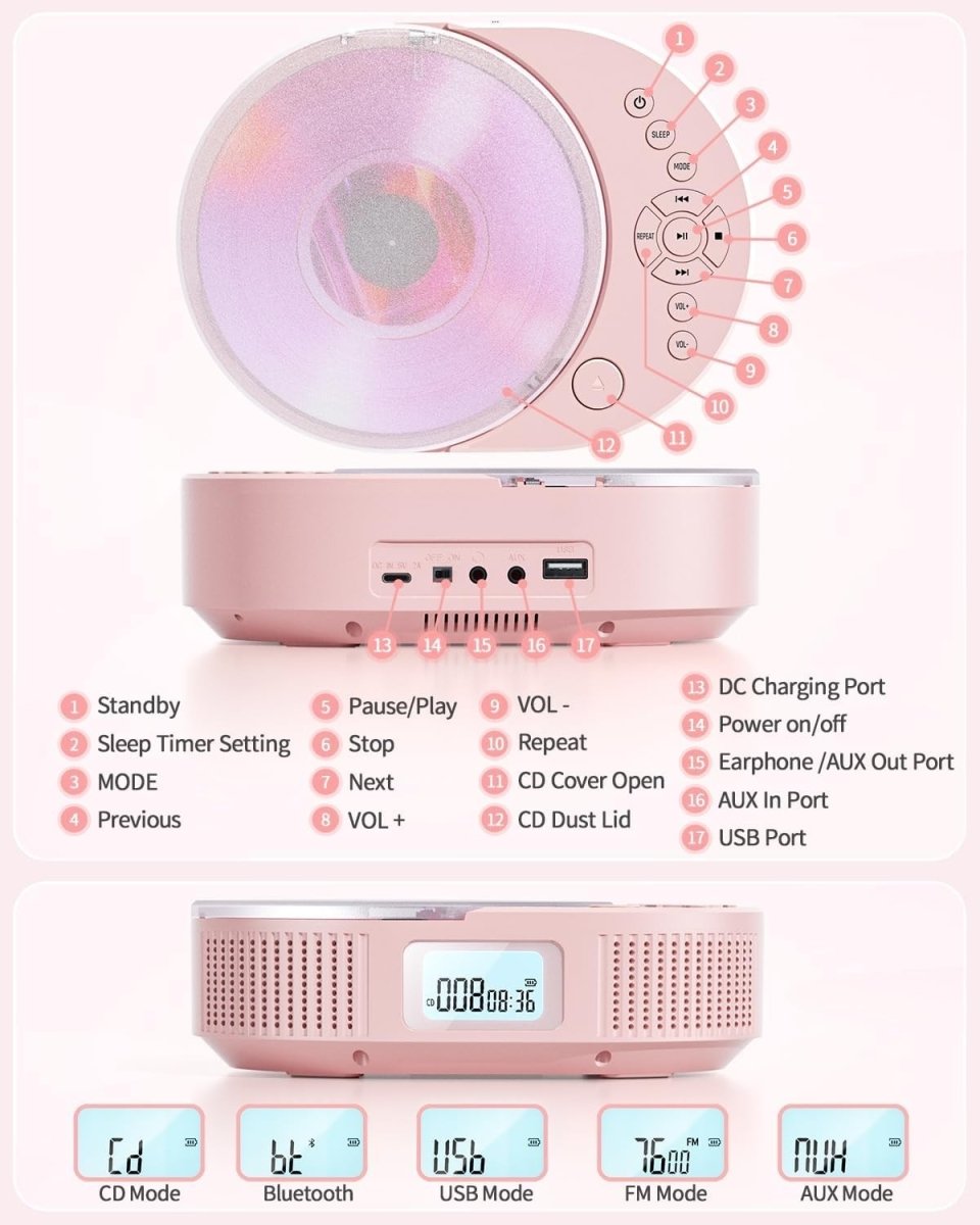 Bluetooth Portable CD Player Boombox FM Radio USB AUX Remote Pink - Kwikley