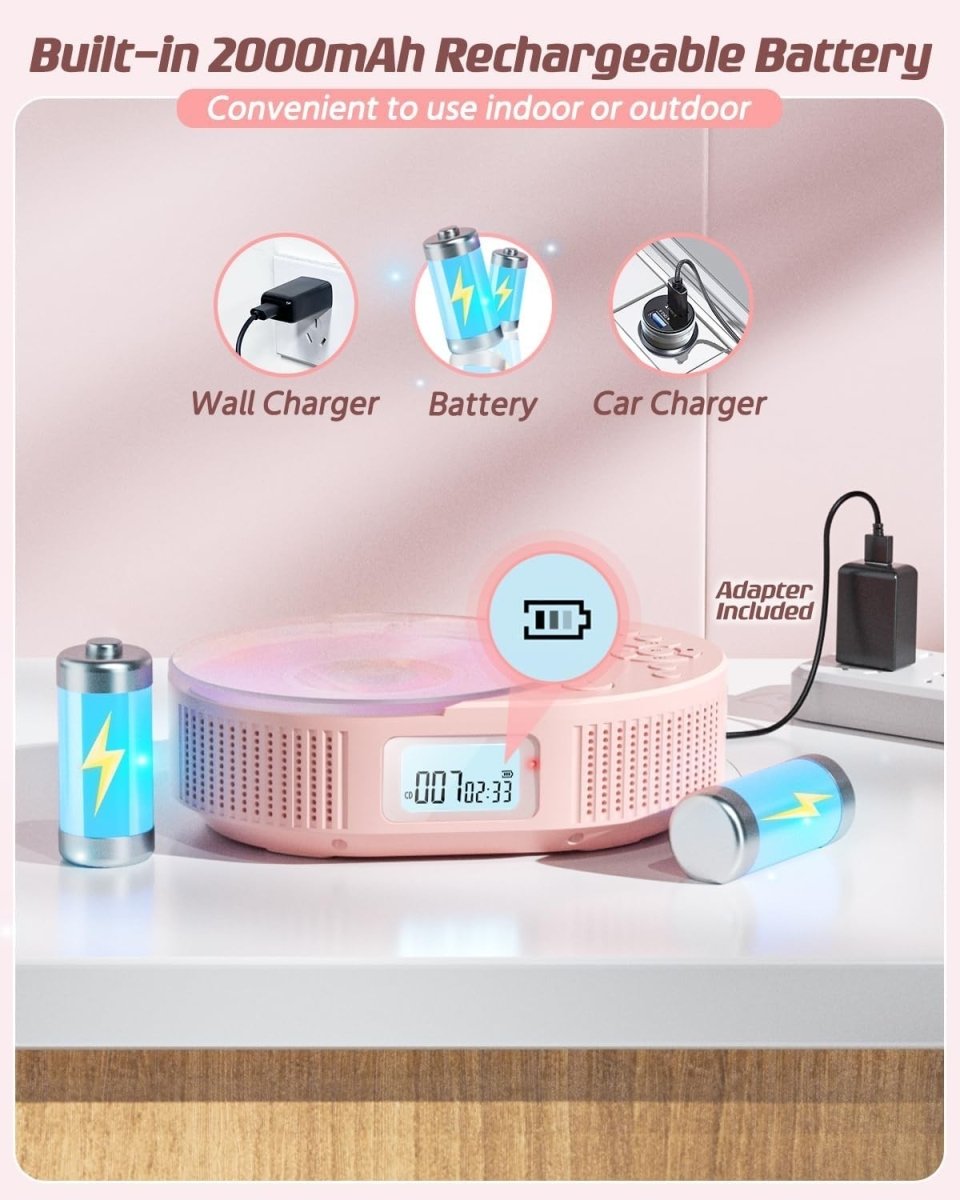 Bluetooth Portable CD Player Boombox FM Radio USB AUX Remote Pink - Kwikley