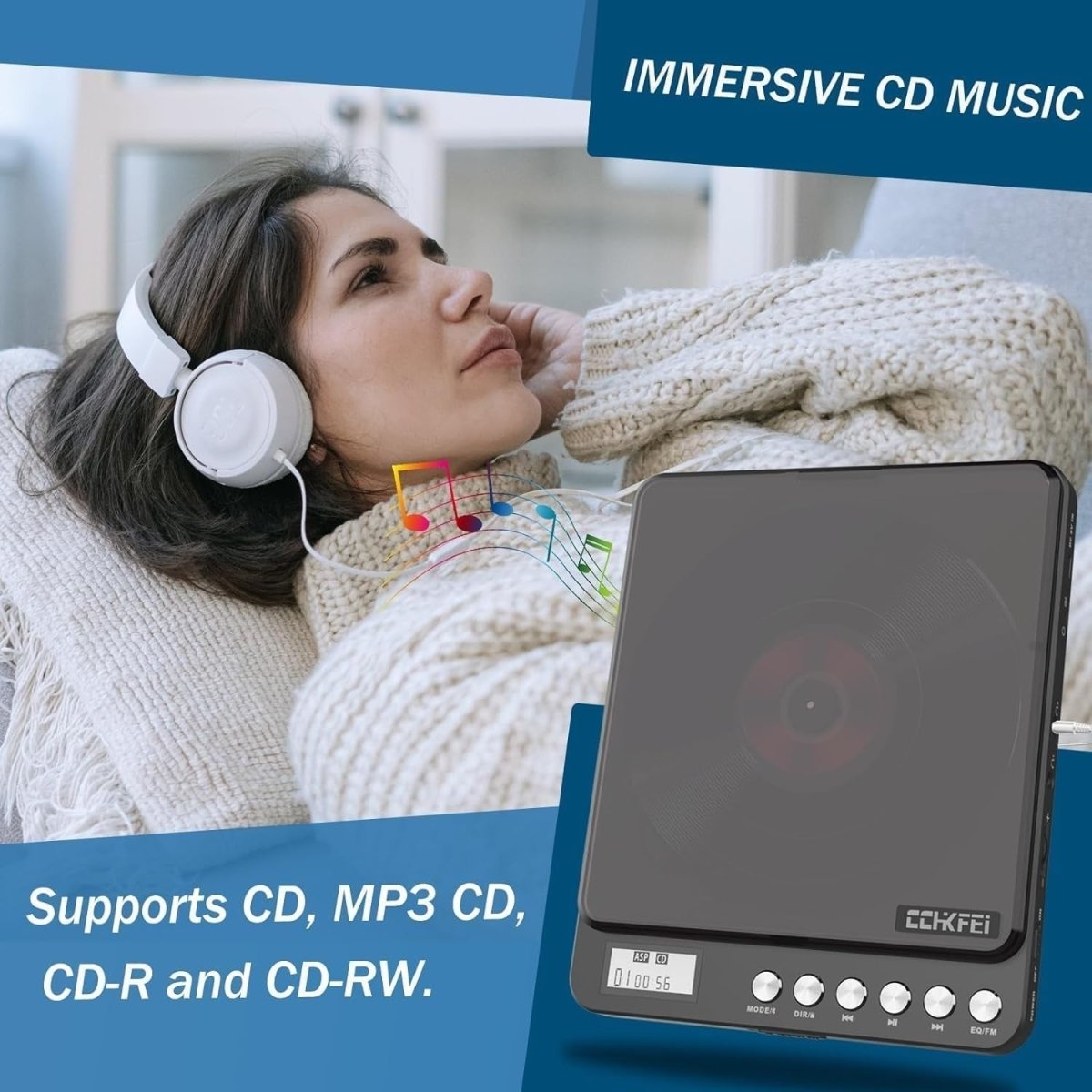 Bluetooth Portable CD Player Built in Speakers Rechargeable Anti Skip - Kwikley