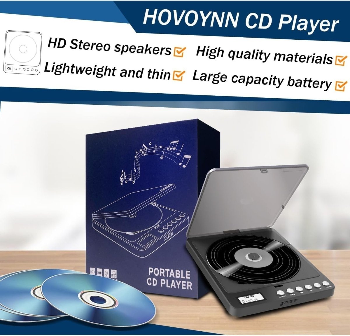 Bluetooth Portable CD Player Built in Speakers Rechargeable Anti Skip - Kwikley