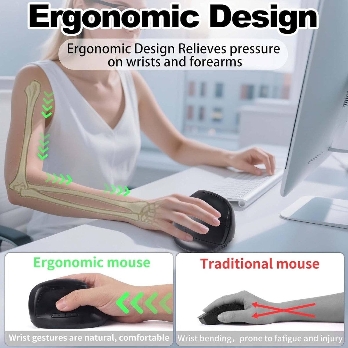 Bluetooth Vertical Wireless Mouse Silent Ergonomic Rechargeable 7 Keys - Kwikley