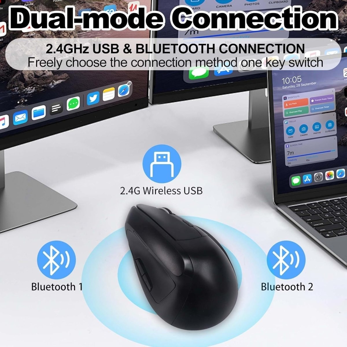 Bluetooth Vertical Wireless Mouse Silent Ergonomic Rechargeable 7 Keys - Kwikley