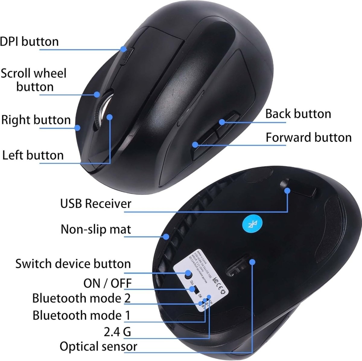 Bluetooth Vertical Wireless Mouse Silent Ergonomic Rechargeable 7 Keys - Kwikley