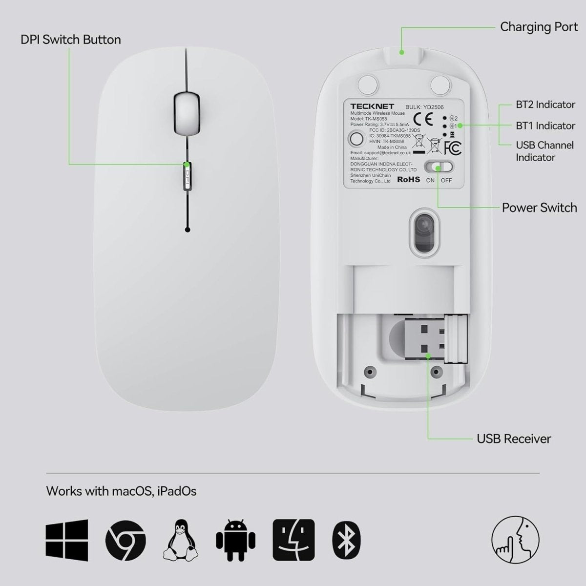 Bluetooth Wireless Mouse 4800 DPI Rechargeable Slim Quiet USB - Kwikley