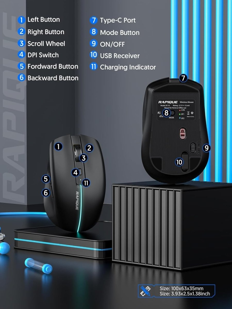 Bluetooth Wireless Mouse Tri - Mode Rechargeable Quiet Click - Kwikley