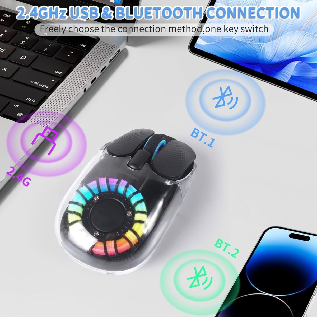 Bluetooth Wireless Mouse Tri - Mode USB Nano Receiver RGB Black - Kwikley
