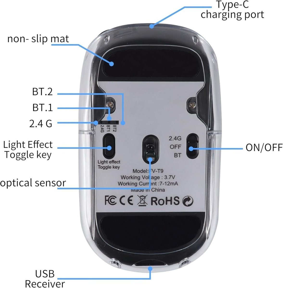 Bluetooth Wireless Mouse Tri - Mode USB Nano Receiver RGB Black - Kwikley