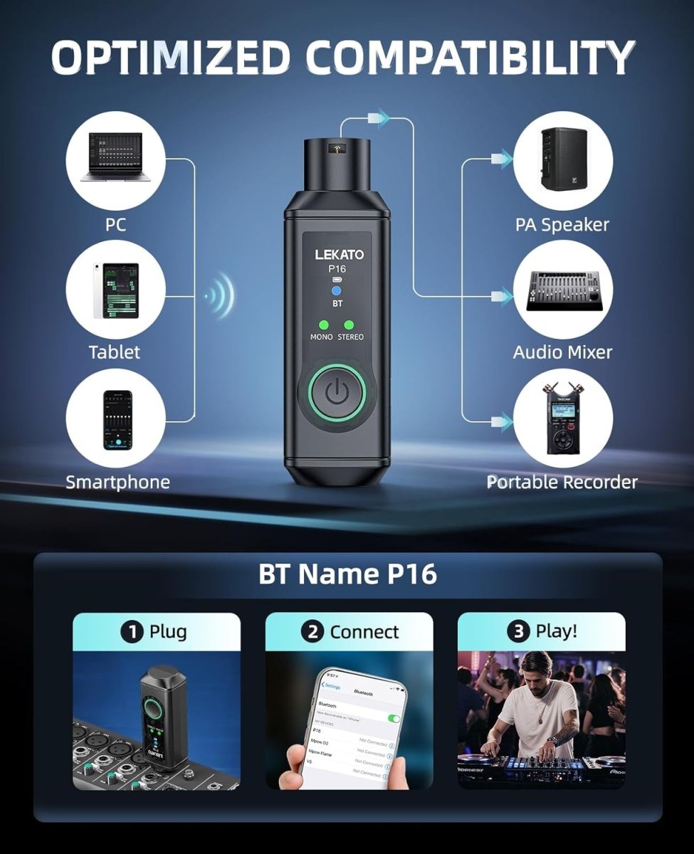 Bluetooth XLR Receiver Black 15H Battery Mono Stereo for PA DJ - Kwikley