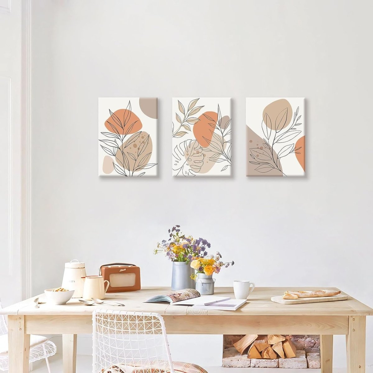Boho Abstract Plant Canvas Wall Art Set of 3 30x40cm Framed - Kwikley