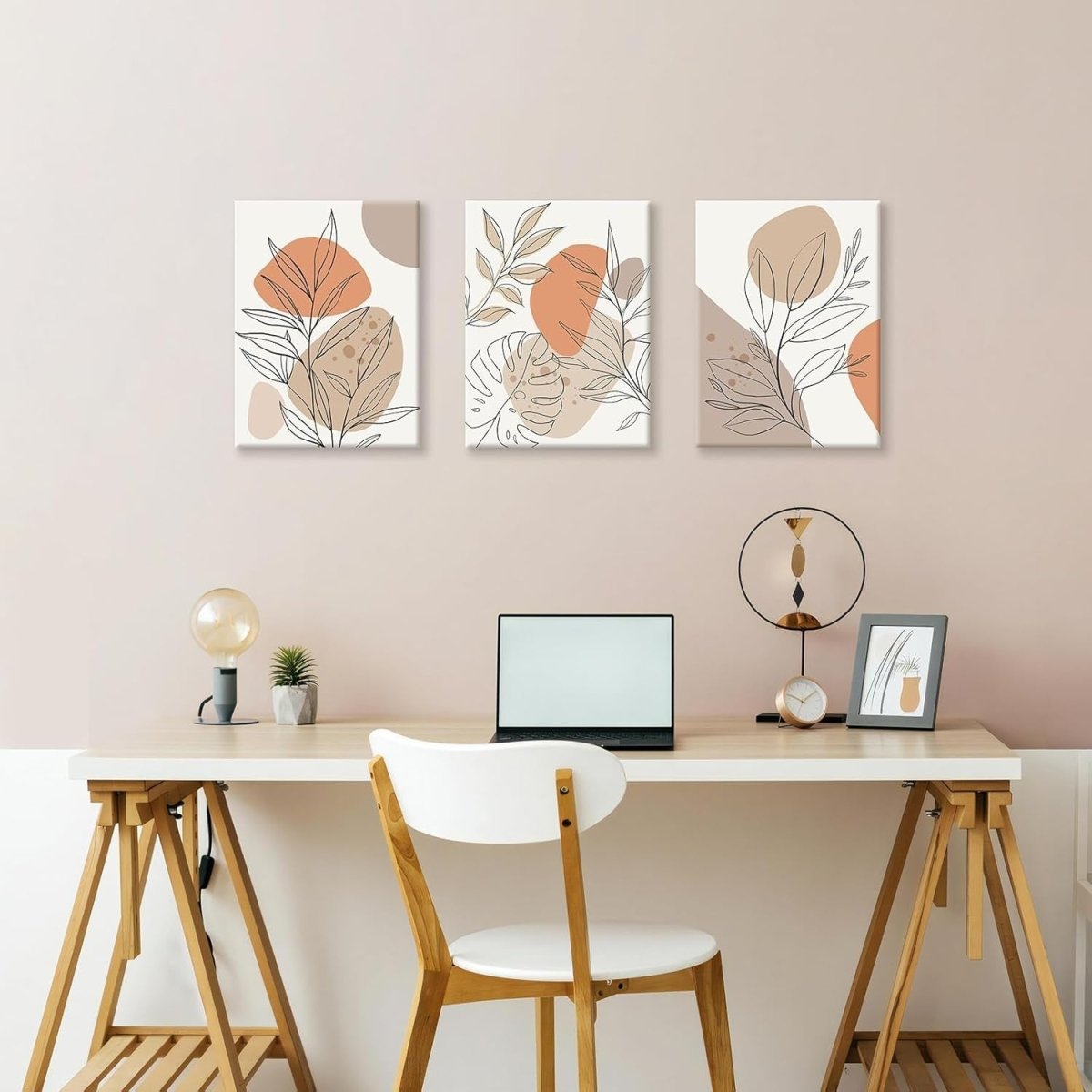 Boho Abstract Plant Canvas Wall Art Set of 3 30x40cm Framed - Kwikley