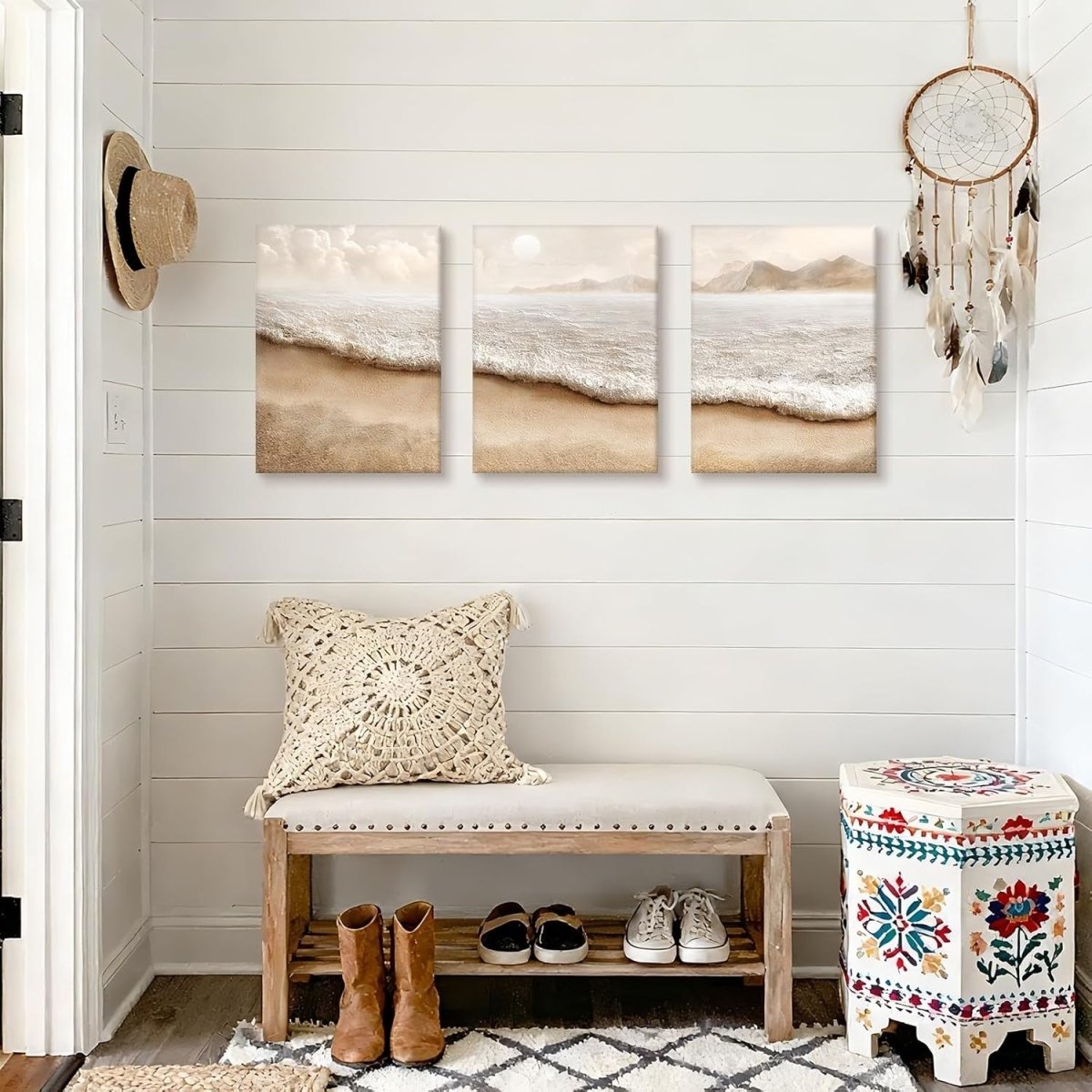 Boho Beach Canvas Wall Art Set of 3 Framed 30x40cm Coastal - Kwikley