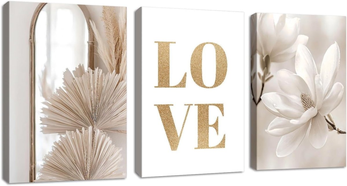 Boho Beige Canvas Wall Art Set of 3 LOVE Magnolia 40x60cm - Kwikley