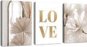 Boho Beige Canvas Wall Art Set of 3 LOVE Magnolia 40x60cm - Kwikley