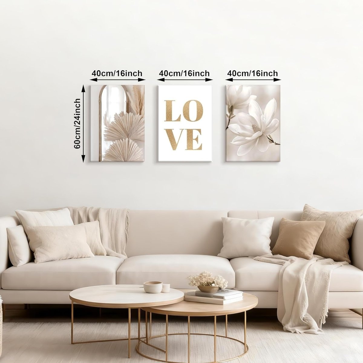 Boho Beige Canvas Wall Art Set of 3 LOVE Magnolia 40x60cm - Kwikley