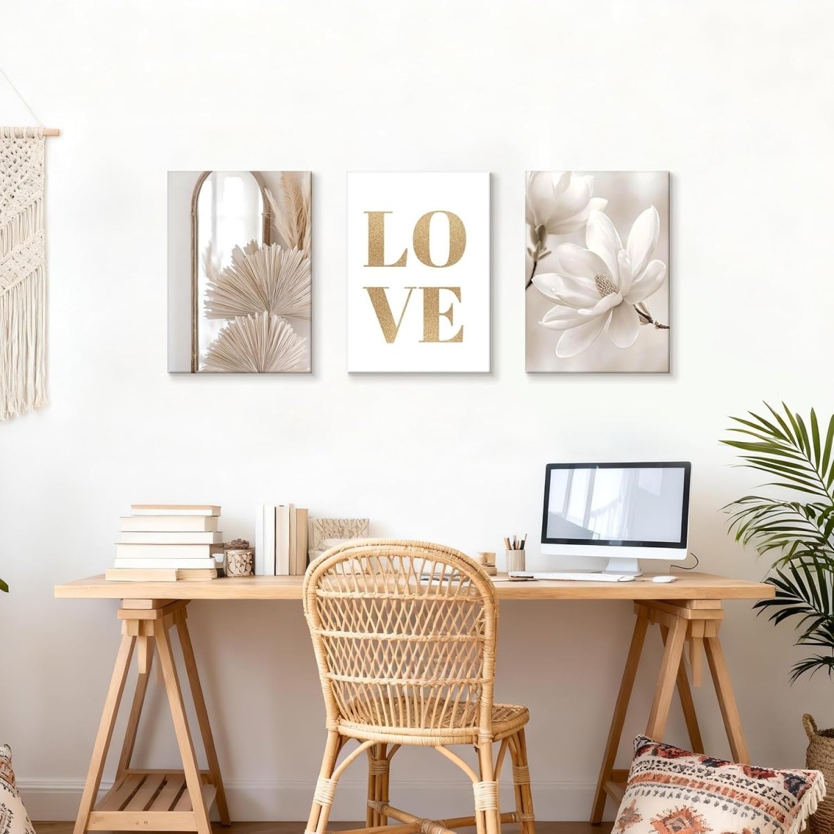 Boho Beige Canvas Wall Art Set of 3 LOVE Magnolia 40x60cm - Kwikley