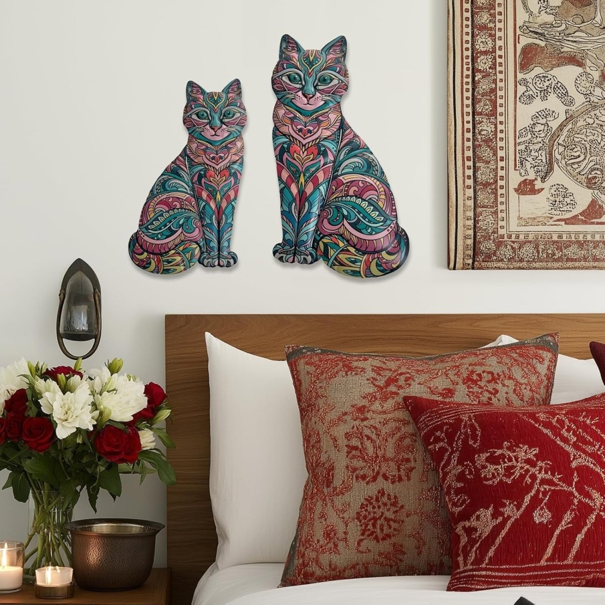 Boho Cat Metal Wall Art Hanging Decor 2 Piece Set - Kwikley