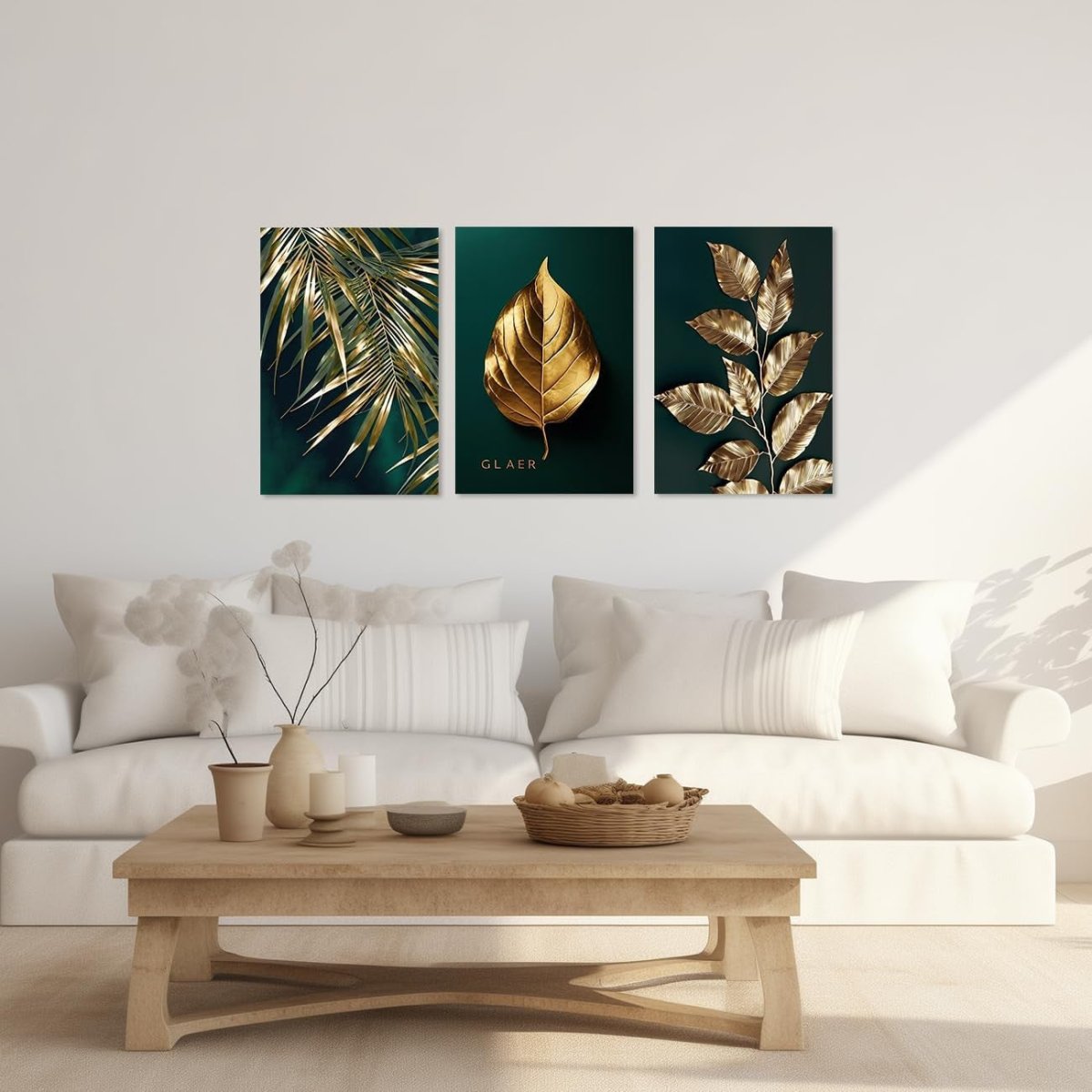 Boho Gold Leaf Canvas Wall Art 3 Piece Botanical Framed Set - Kwikley