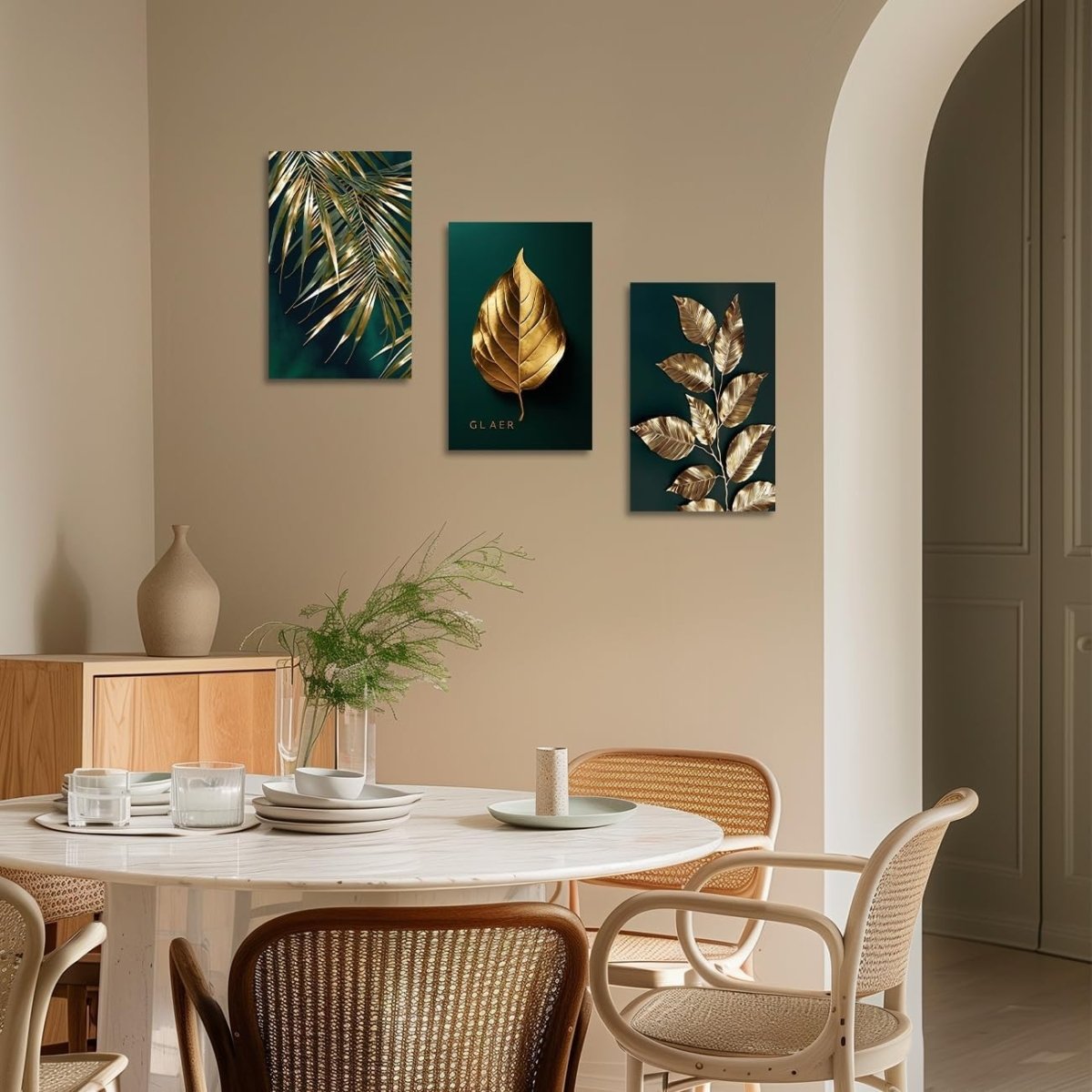 Boho Gold Leaf Canvas Wall Art 3 Piece Botanical Framed Set - Kwikley