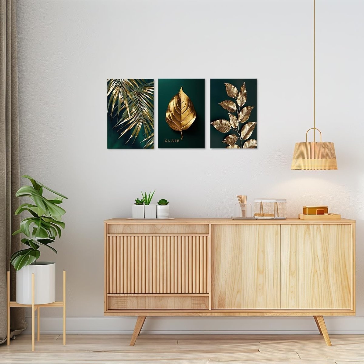 Boho Gold Leaf Canvas Wall Art 3 Piece Botanical Framed Set - Kwikley