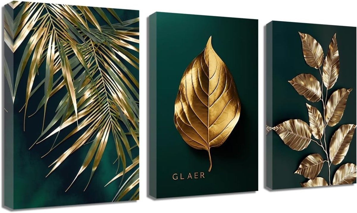 Boho Gold Leaf Canvas Wall Art 3 Piece Botanical Framed Set - Kwikley