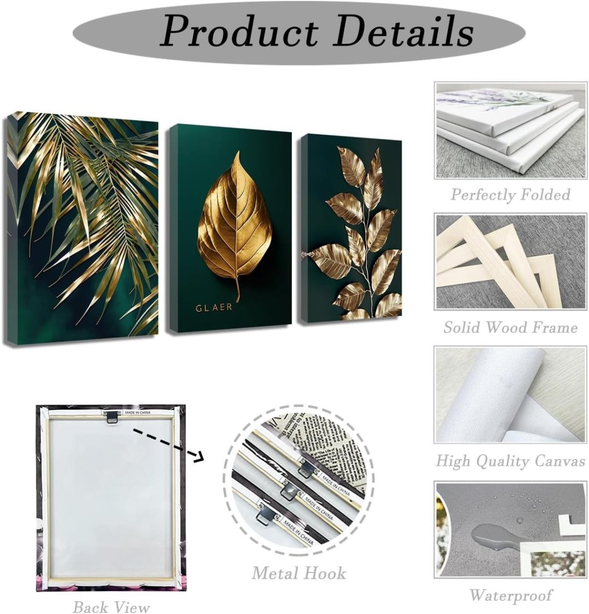 Boho Gold Leaf Canvas Wall Art 3 Piece Botanical Framed Set - Kwikley