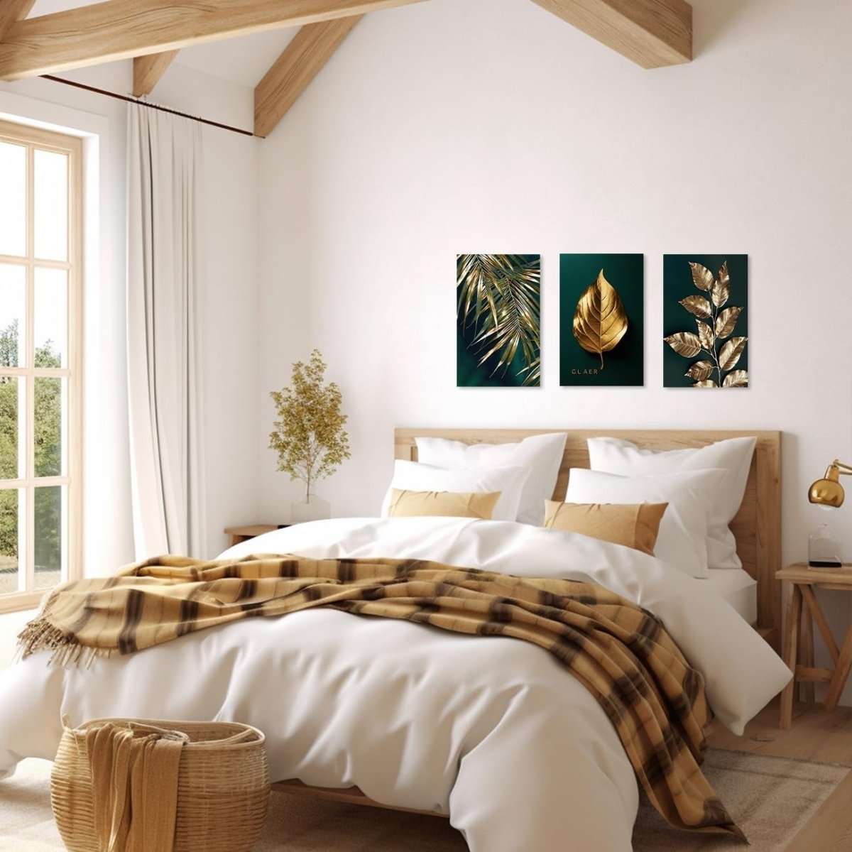 Boho Gold Leaf Canvas Wall Art 3 Piece Botanical Framed Set - Kwikley