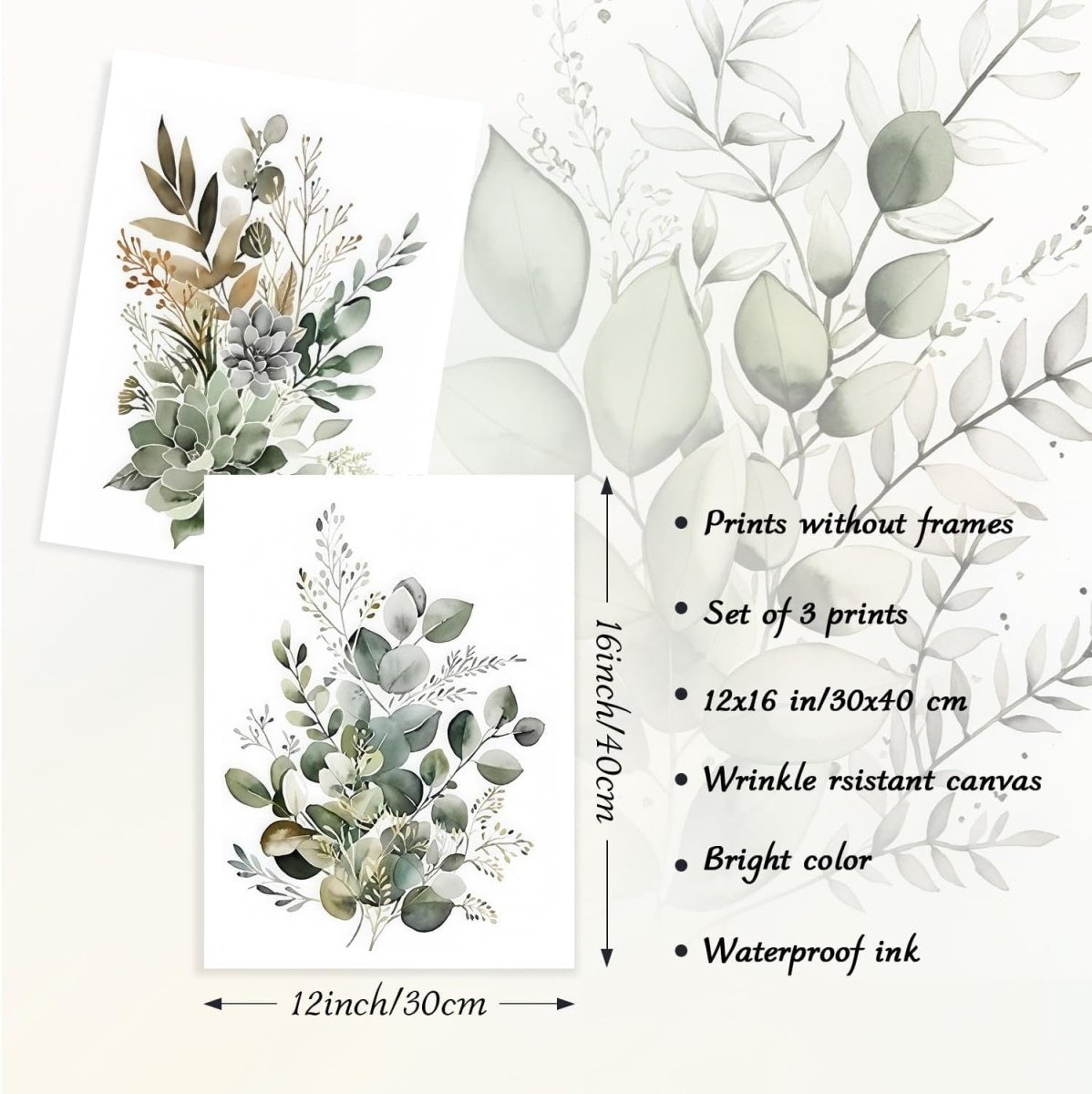 Boho Green Leaves Botanical Wall Art Prints 3‑Piece 12×16 in - Kwikley
