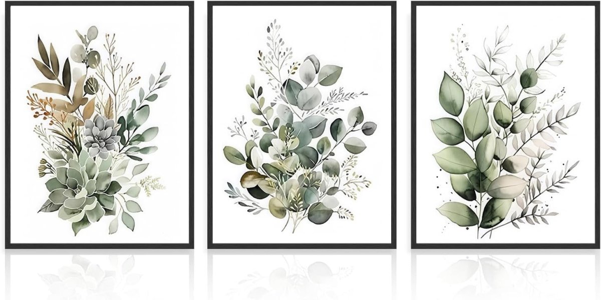Boho Green Leaves Botanical Wall Art Prints 3‑Piece 12×16 in - Kwikley