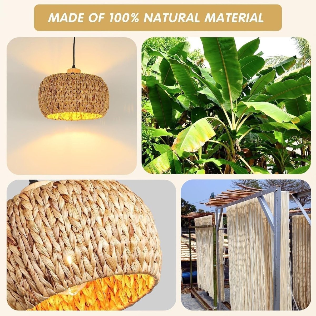 Boho Pendant Lamp Shade 30cm Water Hyacinth Woven E27 Ceiling - Kwikley