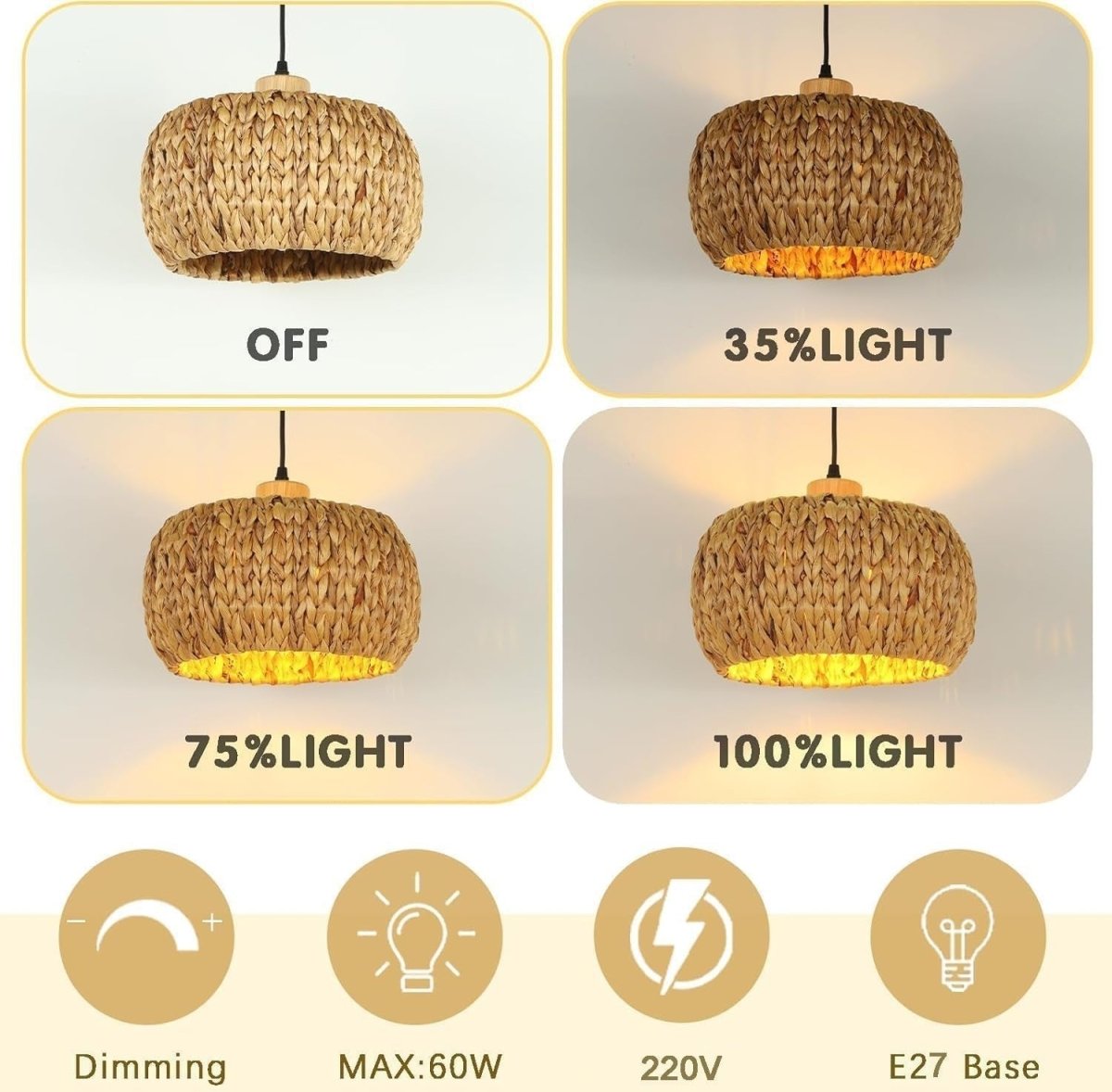 Boho Pendant Lamp Shade 30cm Water Hyacinth Woven E27 Ceiling - Kwikley