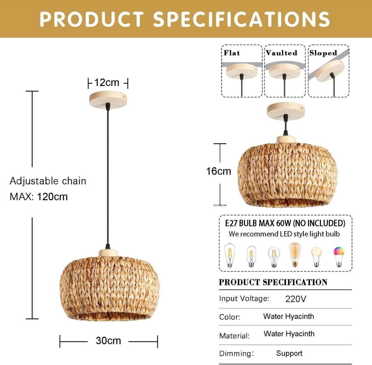 Boho Pendant Lamp Shade 30cm Water Hyacinth Woven E27 Ceiling - Kwikley