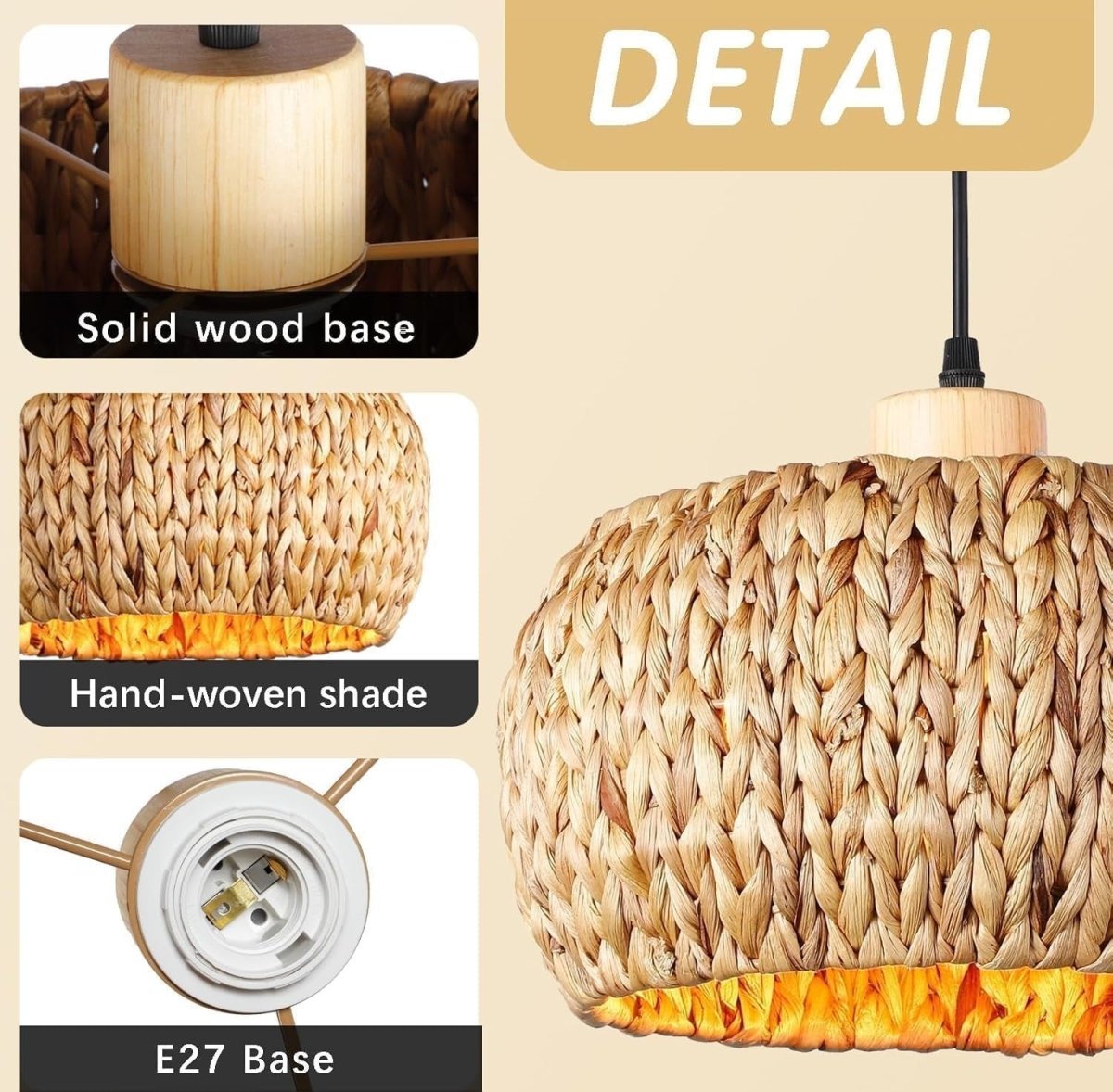 Boho Pendant Lamp Shade 30cm Water Hyacinth Woven E27 Ceiling - Kwikley
