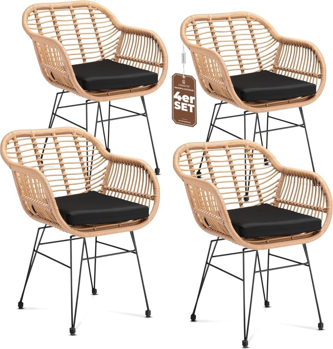 Boho Rattan Dining Armchairs Set of 4 Cushioned Patio Balcony Seating - Kwikley